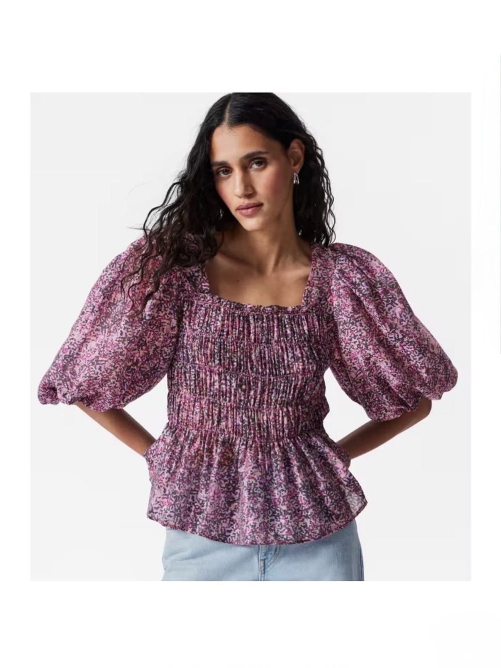& Other Stories Pink Floral Smocked Puff-Sleeve Blouse